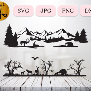 Paquete SVG de escenas de vida salvaje y natural, animales del bosque de montaña nevada, silueta de bosque, archivo de corte Cricut, JPG PNG dxf