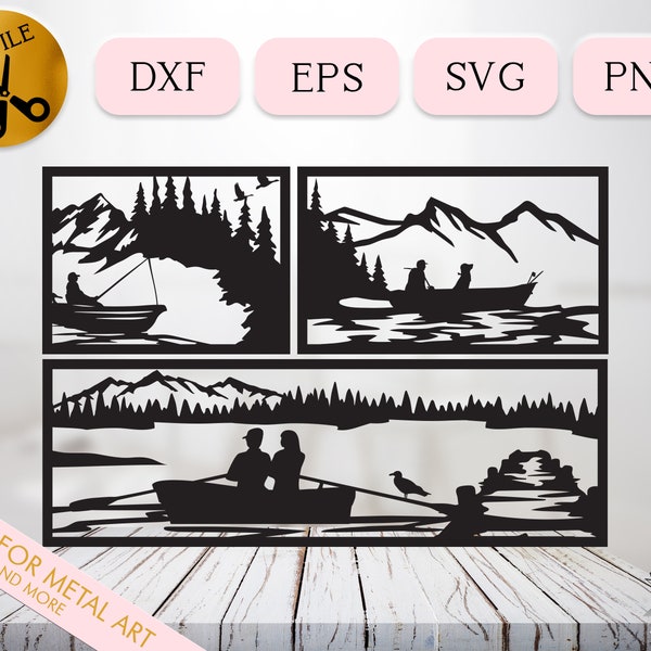 Fishing Svg Dxf Eps, Fishing Couple Silhouette, Fishing Sign Vector, Fisherman Lake Cricut, Fish Mountain Dog Cnc Cut File, Lake Scene Png