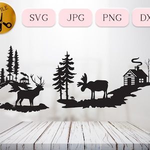 Winter Cabin SVG Bundle, Woodland Cottage Scene Silhouette, Log Cabin Vector Clipart, Moose dxf, Mountain Deer Lodge Cut File JPG PNG dxf