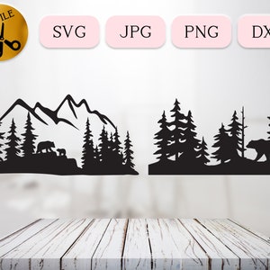 Forest Grizzly Bear Svg, Wild Bear Silhouette, Bear in Woods Svg, Baby Bear Mama Bear Scene, Forest Clipart, Trees Landscape Svg Jpg Png Dxf
