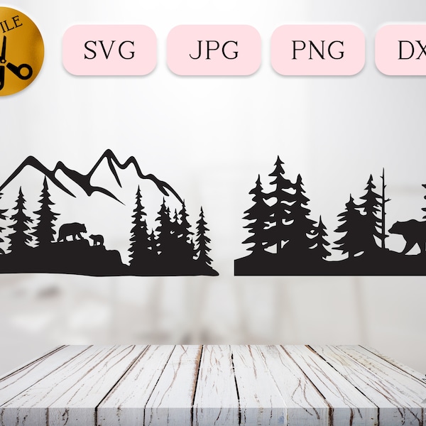 Forest Grizzly Bear Svg, Wild Bear Silhouette, Bear in Woods Svg, Baby Bear Mama Bear Scene, Forest Clipart, Trees Landscape Svg Jpg Png Dxf