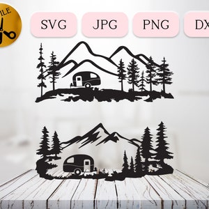 May include: Black and white silhouette of a camper van parked in a mountain landscape with pine trees. The camper is facing left and the mountains are in the background.