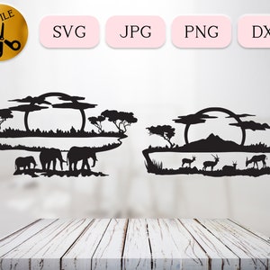Atardecer africano SVG, elefante SVG, antílope SVG, familia SVG Cricut, silueta de abrevadero, safari en África SVG, montaña DXF, caza JPG Png