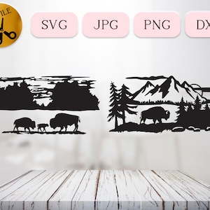 American Buffalo SVG Bundle, Forest Bison Silhouette, Nature Buffalo Scene, Buffalo Family Svg Cricut, Baby Buffalo Dxf Yosemite Png Jpg Dxf