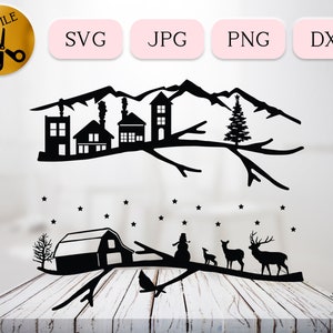 2 Christmas Tree Svg Bundle, Winter Scene PNG, Snow Christmas Town Svg, Christmas Village Silhouette, Farmhouse Branch Deer Snowman Dxf Png