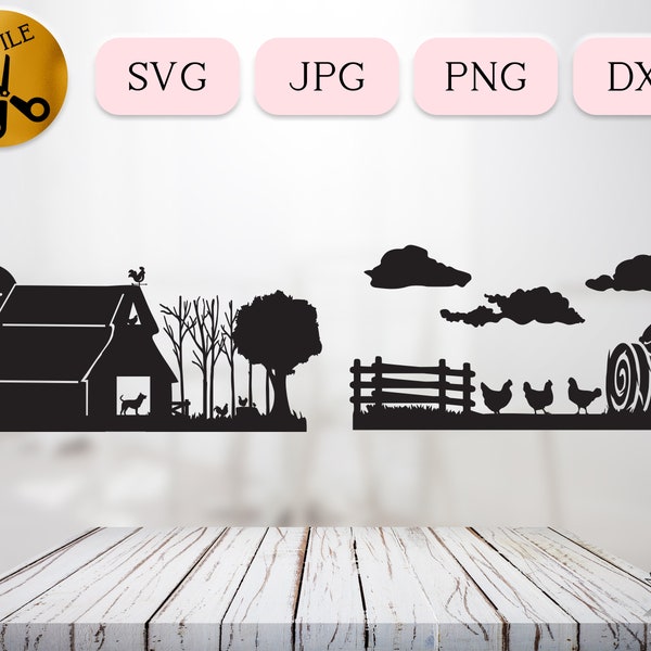 Farm Scene Svg Bundle, Chicken Coop Svg, Free Range Chicken Svg Cricut, Rooster Hen Clipart, Farm Animal Silhouette, Farm Silo Dxf Jpg Png