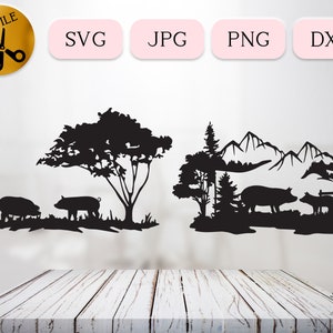 Pacchetto SVG di fattoria di maiali, scena di maiale carina, clipart di maiale da fattoria, pancetta fresca di fattoria Svg Cricut, sagoma di maiale in libertà, download di png di maialino Dxf