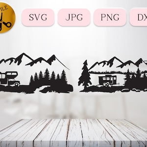 May include: Black and white silhouette design of a camper van parked in a mountain forest setting. The camper is facing left and the mountains are in the background. There are trees in the foreground.