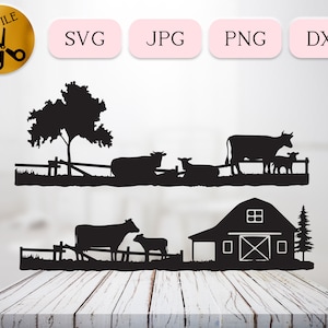 Lot de vaches au champ SVG, scènes de vache raccordables, silhouette de vache laitière dans le champ, vecteur de vache au repos, basse-cour Dxf, ferme Png ferme Cricut