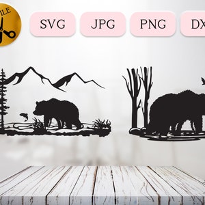 Bear Fishing SVG. Hunting and Fishing Svg, Bear in Pond Vector, Mountain Landscape Clipart, Woodland Bear DXF, Hunt Cricut Cut Svg JPG png