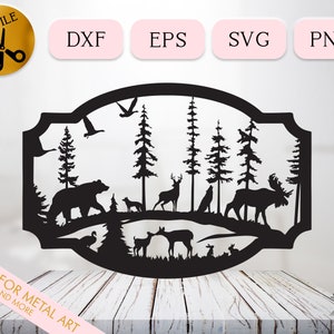Scena della natura Svg, Silhouette della natura per Cricut, Fauna selvatica allo stagno Svg, File di taglio Dxf della foresta degli animali del bosco, File di taglio dell'arte della parete in metallo Png