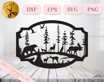 Nature Scene Svg, Nature Silhouette for Cricut, Wildlife at the Pond Svg, Woodland Animal Forest Dxf Cut File, Metal Wall Art Cut File Png