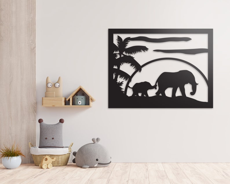 May include: Black metal wall art featuring a silhouette of two elephants walking through a palm tree grove under a sunset.