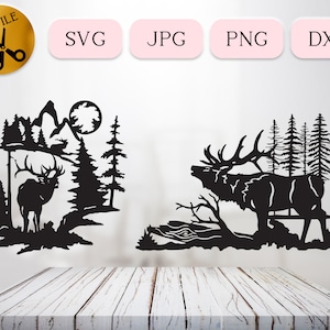 Bundle SVG wapiti hurlant de la forêt, silhouette des marais avec des cerfs, wapiti des bois dxf, pochoir arbre tombé, clipart montagne, prairie JPG PNG dxf