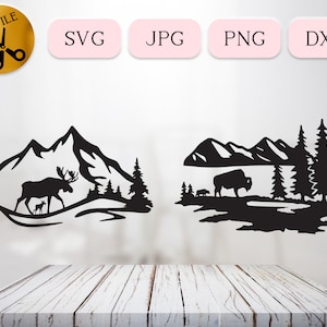Paquete SVG de escenas de naturaleza para guardería, silueta de bisonte bebé, alce bebé, animales del bosque, diseño de lago de montaña, archivo de corte de plasma Cricut JPG PNG dxf