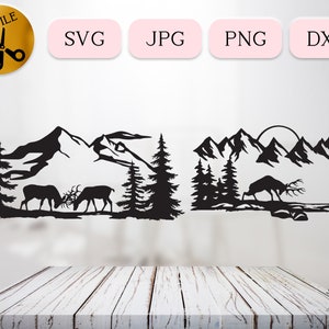 Pacchetto SVG Bucks Fighting, Silhouette di cervo arrabbiato, Corna aggrovigliate Svg, Combattimento di cervi nella foresta di montagna Png, Scena di natura montuosa Dxf Jpg