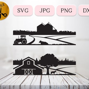 Boerderij silo Svg, platteland boerderij silhouet, tarwevelden Svg bundel, graanlift Clipart, landelijke trekker Dxf, landhuis teken Cricut png