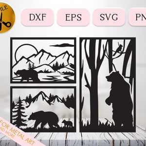 May include: A digital design file for a metal art piece featuring a mountain scene with two bears, a pine tree, and a full moon. The design is divided into three sections, with the top section showing the mountain scene, the middle section showing the bears, and the bottom section showing the pine tree. The design is perfect for creating a unique and beautiful metal art piece for your home.