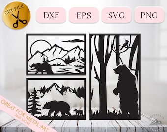 Forest Bear DXF Bundle, Woodland Metal Art Cut File, Framed Bear Cub CNC Vector, Bear with Fish Plasma SVG, Trees and Mountain Scene Eps Png