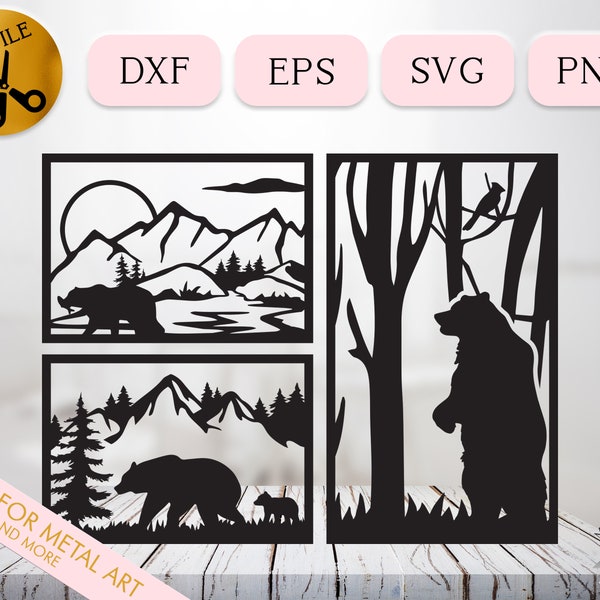 Forest Bear DXF Bundle, Woodland Metal Art Cut File, Framed Bear Cub CNC Vector, Bear with Fish Plasma SVG, Trees and Mountain Scene Eps Png