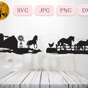 Horse and Chickens Svg, Barn Horse Silhouette, Chicken Farm with Horses Dxf, Running Horses Clipart, Farming Scenes Cricut, Farm Hen Png Jpg