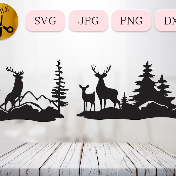 Family of Deer SVG Bundle, Rocky Forest Path Svg, Elk Mountain Silhouette, Woodland Elk Svg, Wildlife Clipart, Nature Silhouette Jpg Png Dxf