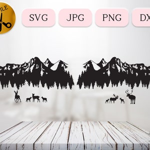 Hiver faune famille SVG, fichier de coupe Cricut Noël cerf, Silhouette de caribou, bébé des cliparts bois, vecteur de scène de montagne, JPG PNG dxf