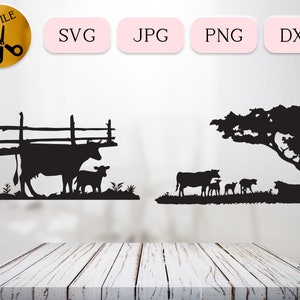 Vache ferme vie Svg, clipart animaux de la ferme, maman vache avec la Silhouette de son bébé veau, vache famille scène Svg, vache clôture vecteur, vache famille Png Dxf Jpg