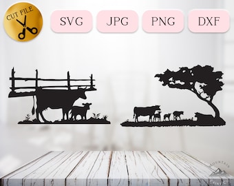 Cow Farm Life Svg, Farm Animal Clipart, Mom Cow with Baby Calf Silhouette, Cow Family Scene Svg, Cow Fence Vector, Cow Family Png Dxf Jpg