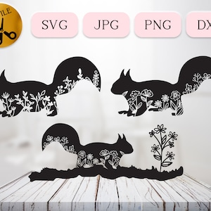 Écureuil floral Svg, silhouette de bébé écureuil, vecteur animal fleurs sauvages, fleur dessin au trait faune Svg, écureuil mignon Mandala Svg Jpg Png Dxf