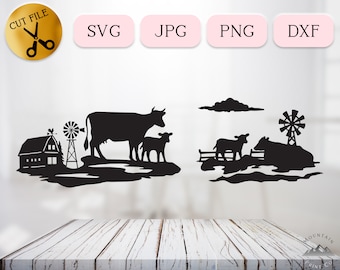 Cow and Calf SVG Bundle, Cricut Pair of Cows Dxf Vector, Farm Cows Scene, Barn with Cow Silhouette, Clipart Farm Animal Png Digital Download