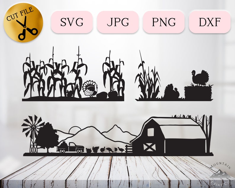 Op de afbeelding: Zwart-wit silhouetontwerp met een boerderijsc&egrave;ne met een schuur, ma&iuml;sveld, bergen, een vrachtwagen en kalkoenen. Het ontwerp is perfect voor het maken van een Thanksgiving-thema knutselproject.