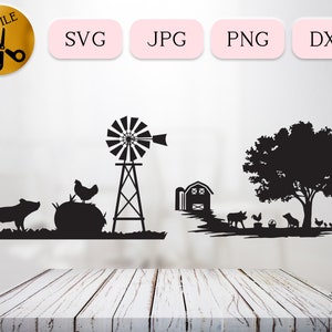Op de afbeelding: Zwart-wit silhouetontwerp van een boerenscène met een windmolen, een schuur, een varken, een kip en een boom met kippen en varkens eronder.