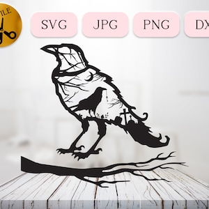 The Raven SVG, Scary Halloween Scene, Raven Silhouette Graveyard Svg, Crow Vector, Halloween Night Vector, Nightmare Cemetery DXF Jpg Png