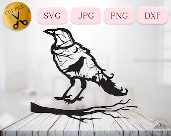 The Raven SVG, Scary Halloween Scene, Raven Silhouette Graveyard Svg, Crow Vector, Halloween Night Vector, Nightmare Cemetery DXF Jpg Png