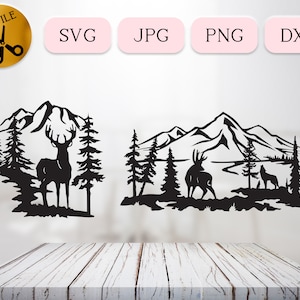 Ensemble SVG animaux sauvages de la forêt, conception de silhouette boisée, vecteur DXF de cerf de Virginie, scène graphique de paysage de lac de montagne, loup JPG png thumbnail