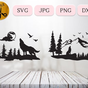 Lobo uivando para a lua Svg, clipart de lobo uivando, cena de lobo da montanha Cricut, pássaros da floresta voando Dxf, arquivo de gravura de matilha de lobos da natureza cortado