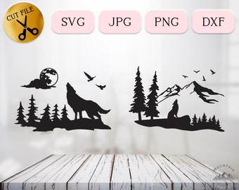 Wolf Howling at the Moon Svg, Howling Wolf Clipart, Mountain Wolf Scene Cricut, Forest Birds Flying Dxf, Nature Wolf Pack Engraving File Cut
