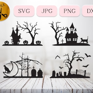 Niedliche Halloween-Szenen-Bundle, Halloween Clipart für Cricut, Kürbisse Spukhaus Dxf, Friedhof Silhouette, schwarze Katze HalloweenSvg Png