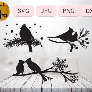 Weihnachtskardinal-Svg-Bundle, Weihnachtsvogel-Zweigsilhouette, Paar Kardinal-Clipart, Zweigbeere-Schneeflockeszene, Cricut Jpg Png Dxf