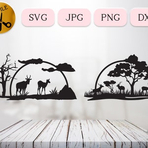 Family of Antelope Svg, African Antelope Clipart, Safari Wildlife Scene, Antelope Doe and Buck Svg, Africa Sun Vector Wild Grassland Png Jpg