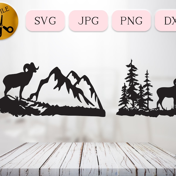 Bighorn Sheep Svg, Canadian Wildlife Silhouette, Ram and Ewe Svg Cricut, Nature Scene DXF, Metal Wall Cut File, Forest Mountain Svg Jpg Png