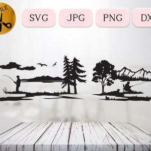 Angeln Mann SVG, Angeln Silhouette, Outdoor Szene Fischer Dxf, Natur Berge Clipart, See Leben Gravur, See SVG Cricut