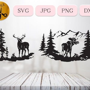 Paquete SVG de paisaje de las Montañas Rocosas, silueta de vida silvestre en un bosque de pinos, escena vectorial de alces y ciervos, imágenes prediseñadas de ardillas, caza de animales en formato DXF y JPG