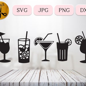 Pacchetto SVG di bevande tropicali, vettore di cocktail da spiaggia, svg di bevande estive, clipart di Martini, Mojito Lemonade, Cricut e Silhouette, JPG PNG dxf