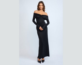 Black Off Shoulder Maxi Dress | Black Off Shoulder Cocktail Dress  | Black Dress Off Shoulder| Long Sleeve Off The Shoulder Dress