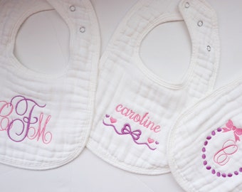 Personalized Baby Burp Cloth Embroidered Bib Monogram Baby Gift Soft Cotton Muslin Snap Closure