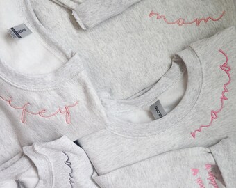 Custom Mama Sweatshirt With Kids Name Embroidered On The Sleeve Personalized Mom Crewneck New Momma Baby Shower Gift