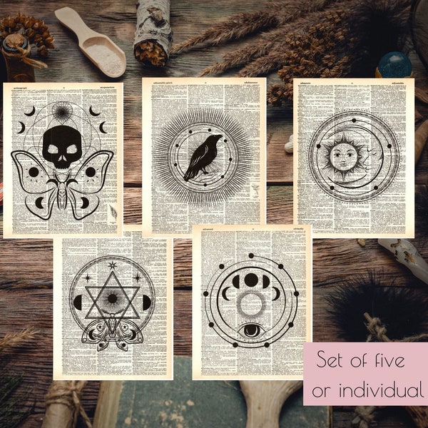 Vintage Dictionary Art - Celestial Magic Collection - Set of 5 - Witchy Decor, Eclectic Decor Art Prints, Moon Decoration, Moons, Crystals