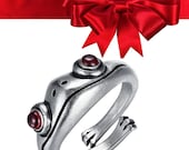 100 925 Pure Silver Red Garnet Frog Rings For Women and men Animal Open Adjustable unique rings hippie style rings Christmas Gift R22